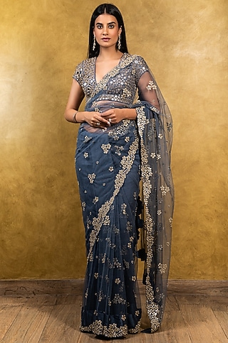 Slate Blue Net Patra Embroidered Saree Set by NITIKA GUJRAL