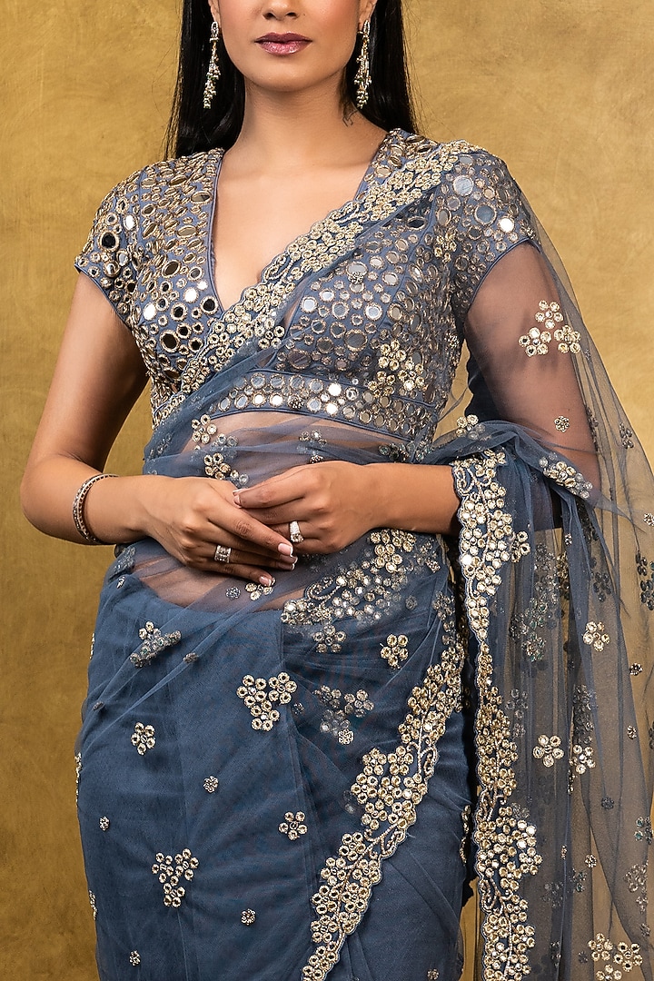 Slate Blue Net Patra Embroidered Reception Saree Set by NITIKA GUJRAL at Pernia's Pop Up Shop