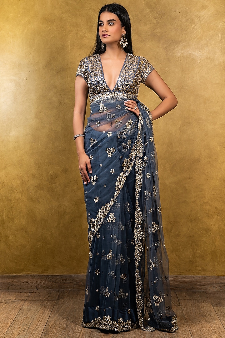 Slate Blue Net Patra Embroidered Reception Saree Set by NITIKA GUJRAL at Pernia's Pop Up Shop