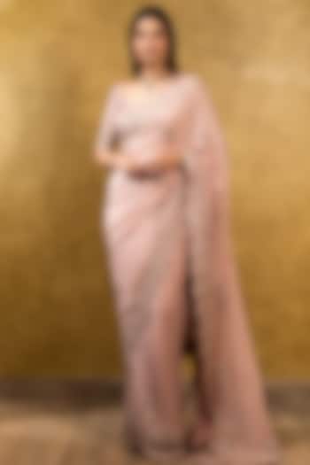 Rose Pink Chiffon Gota Embroidered Reception Saree Set by NITIKA GUJRAL at Pernia's Pop Up Shop