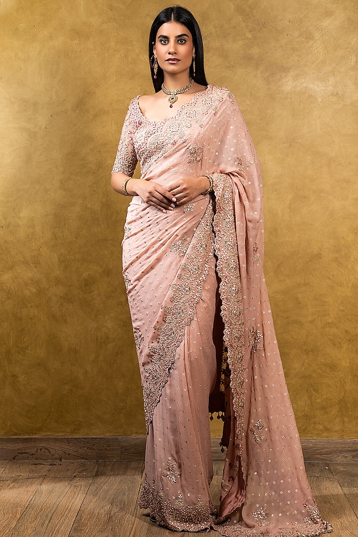 Rose Pink Chiffon Gota Embroidered Reception Saree Set by NITIKA GUJRAL at Pernia's Pop Up Shop