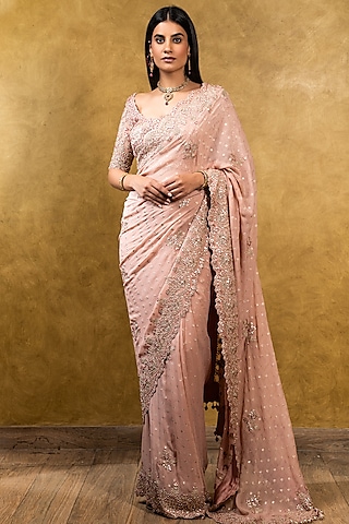 Rose Pink Chiffon Gota Embroidered Saree Set by NITIKA GUJRAL