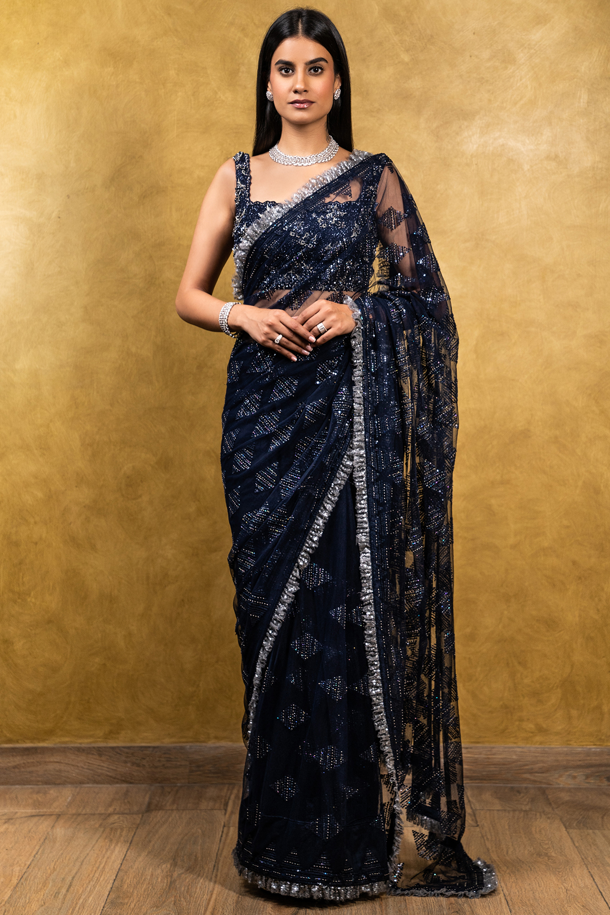 Navy Blue Net Floral Sequins Embroidered Reception Saree Set by NITIKA GUJRAL at Pernia's Pop Up Shop