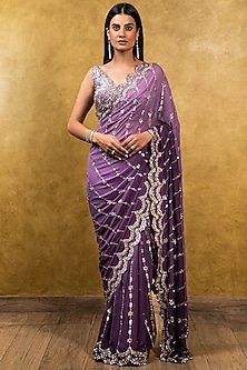 Dark Mauve Georgette Sequins Embroidered Saree Set by NITIKA GUJRAL-TROUSSEAU