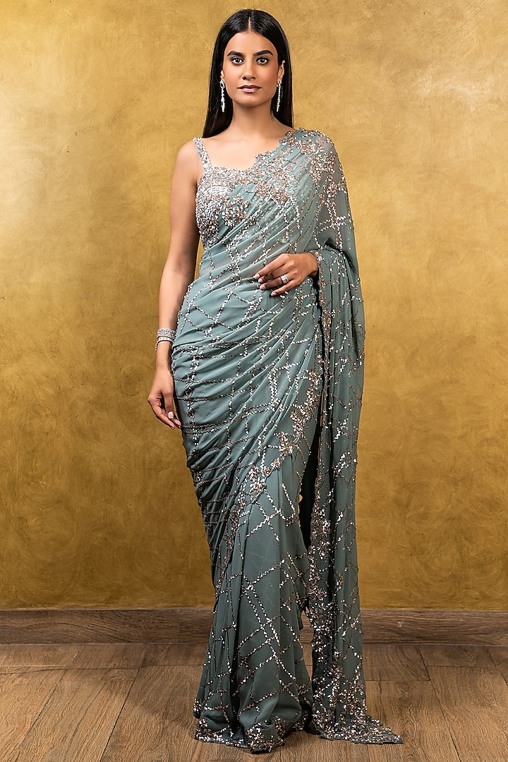 Jade Green Georgette Sequins Embroidered Saree Set by NITIKA GUJRAL