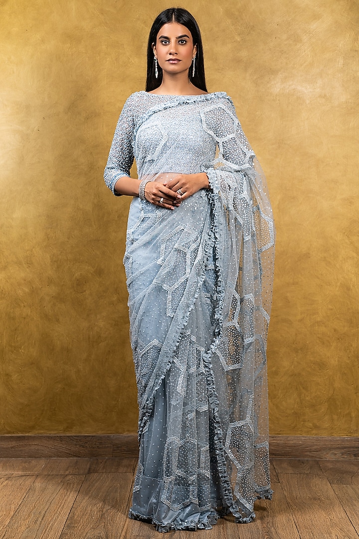 Powder Blue Tulle Beads Embroidered Saree Set by NITIKA GUJRAL