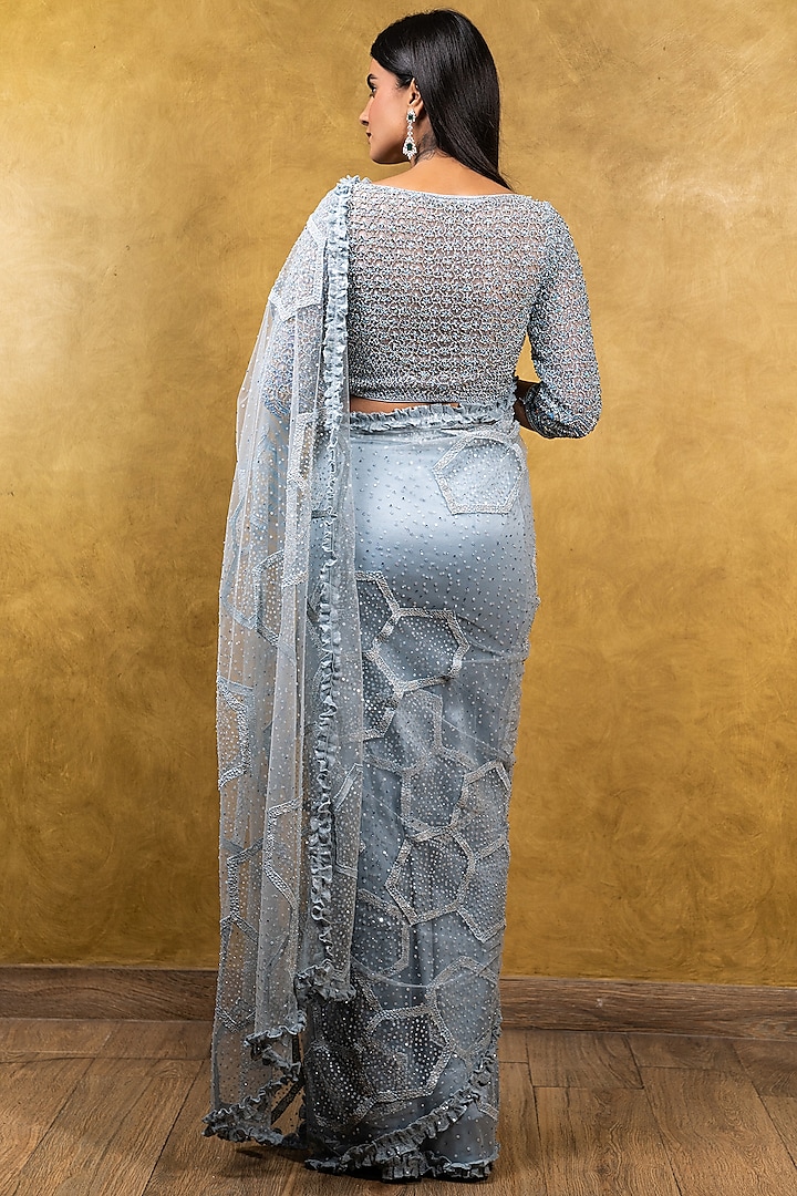 Powder Blue Tulle Beads Embroidered Reception Saree Set by NITIKA GUJRAL at Pernia's Pop Up Shop