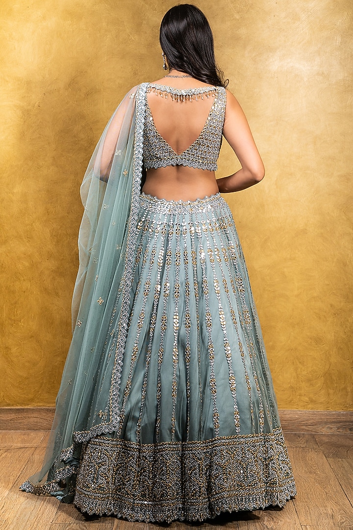 Jade Green Net Beads Embroidered Bridal Lehenga Set by NITIKA GUJRAL at Pernia's Pop Up Shop