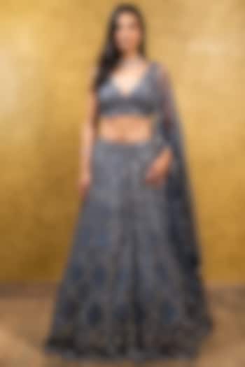Charcoal Grey Net Cutdana Embroidered Bridal Lehenga Set by NITIKA GUJRAL at Pernia's Pop Up Shop