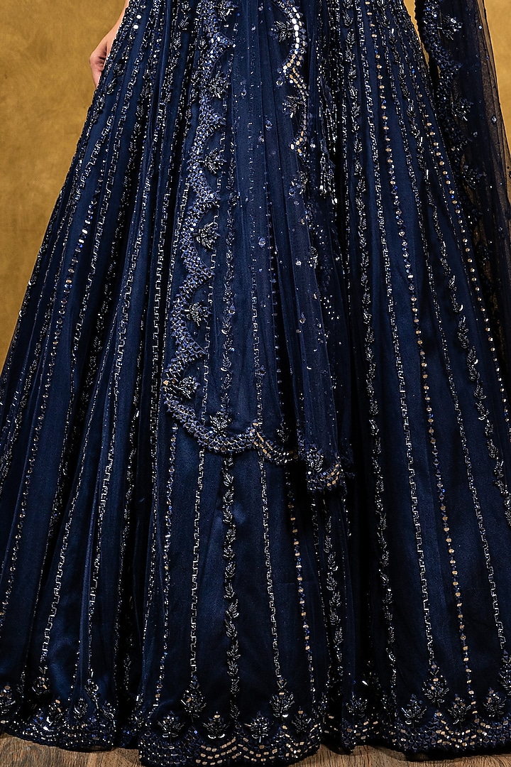 Navy Blue Tulle Resham Embroidered Bridal Lehenga Set by NITIKA GUJRAL at Pernia's Pop Up Shop