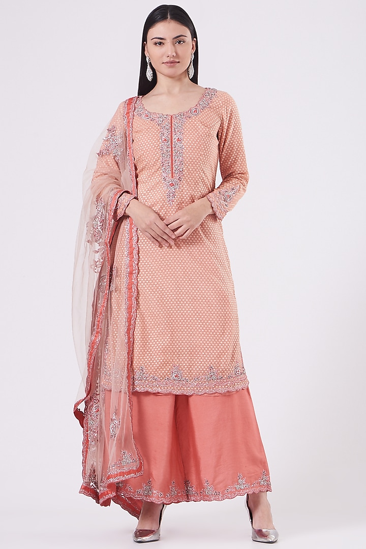 Peach Georgette Shimmer Sharara Set by NITIKA GUJRAL at Pernia's Pop Up Shop