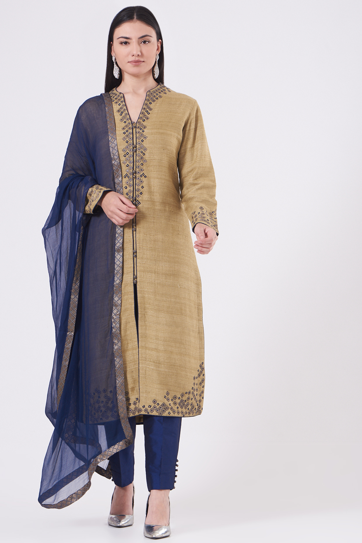 Beige Matka Silk Embroidered Kurta Set by NITIKA GUJRAL at Pernia's Pop Up Shop