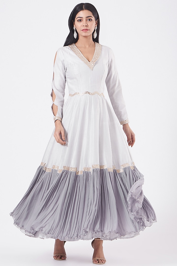 Grey Raw Silk Mirror Embroidered Gown by NITIKA GUJRAL at Pernia's Pop Up Shop