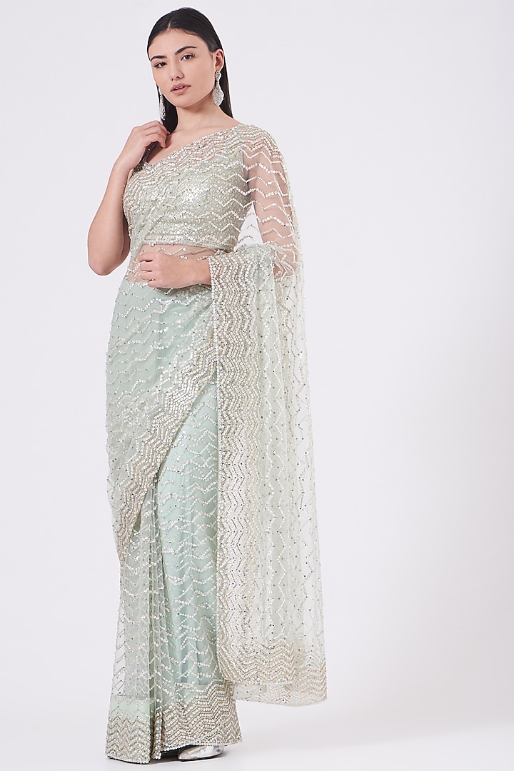 Mint Embroidered Saree Set by NITIKA GUJRAL