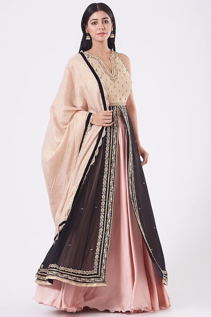 Peach & Black Brocade Jacket Wedding Lehenga Set by NITIKA GUJRAL at Pernia's Pop Up Shop