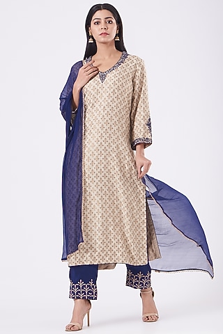 Beige Khadi Brocade Kurta Set by NITIKA GUJRAL