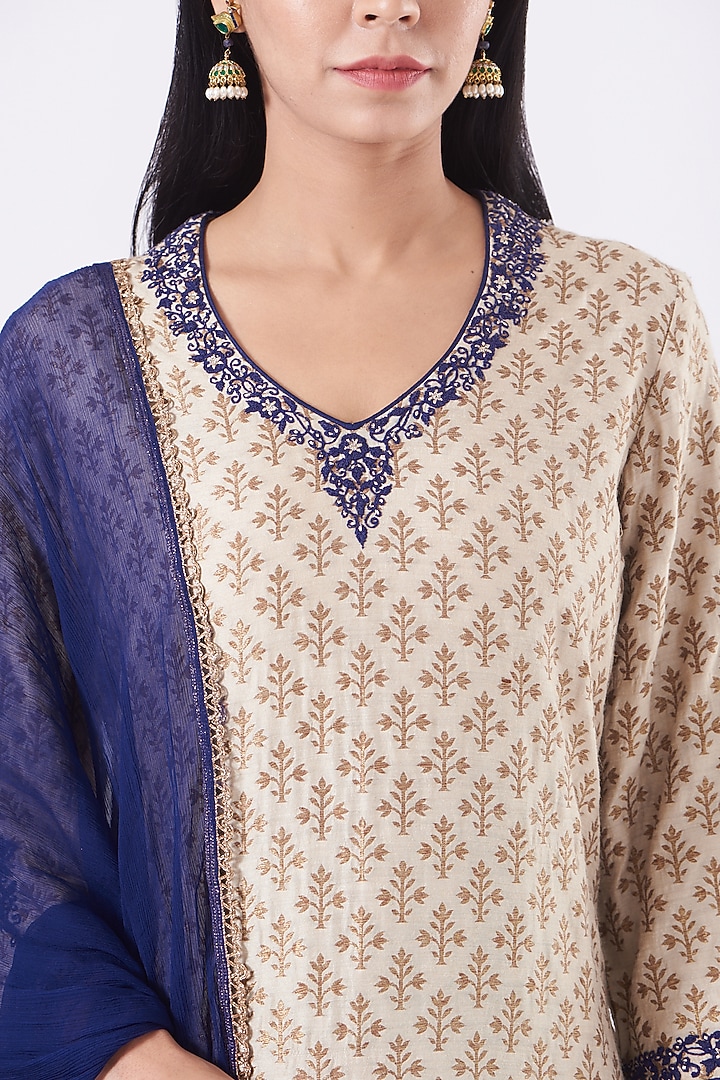 Beige Khadi Brocade Kurta Set by NITIKA GUJRAL at Pernia's Pop Up Shop