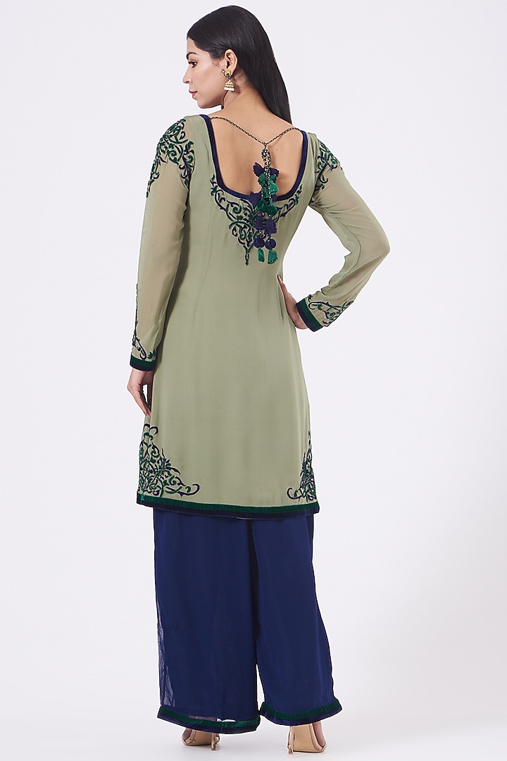 Olive Green Georgette Applique Embroidered Kurta Set by NITIKA GUJRAL at Pernia's Pop Up Shop