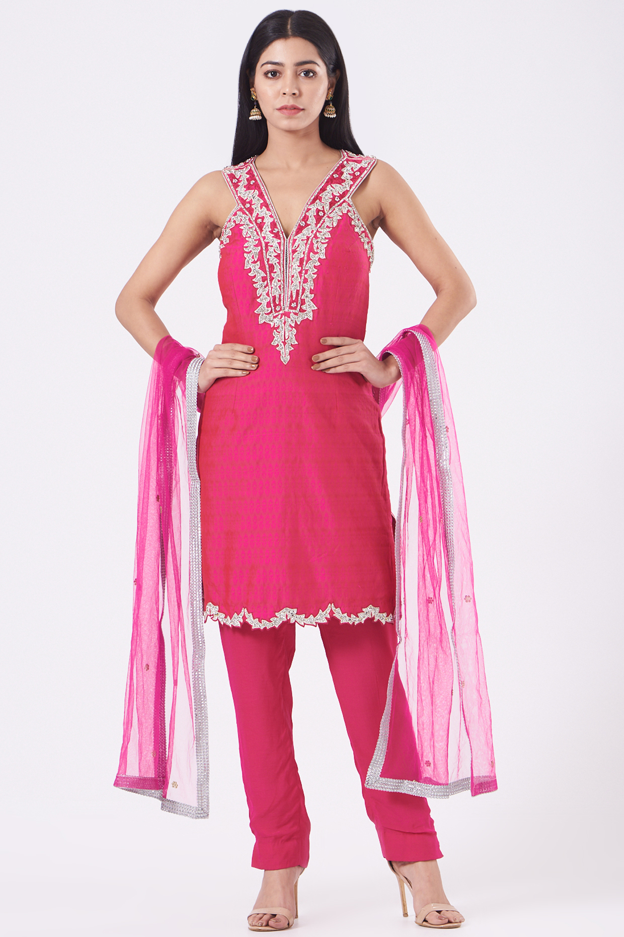 Fuchsia Jacquard Silver Embroidered Kurta Set by NITIKA GUJRAL at Pernia's Pop Up Shop