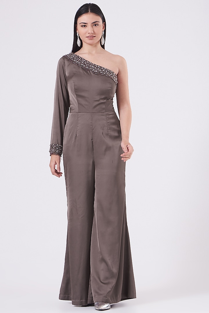 Brown Satin Beads Embroidered Jumpsuit by NITIKA GUJRAL