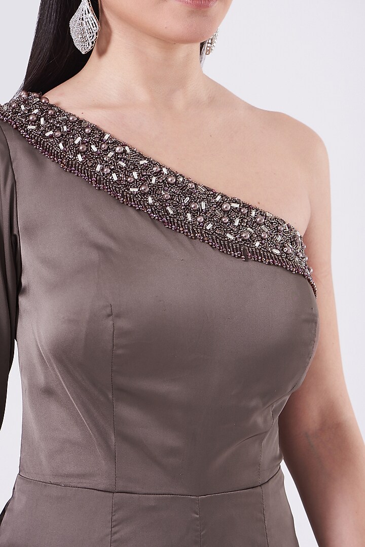 Brown Satin Beads Embroidered Jumpsuit by NITIKA GUJRAL at Pernia's Pop Up Shop