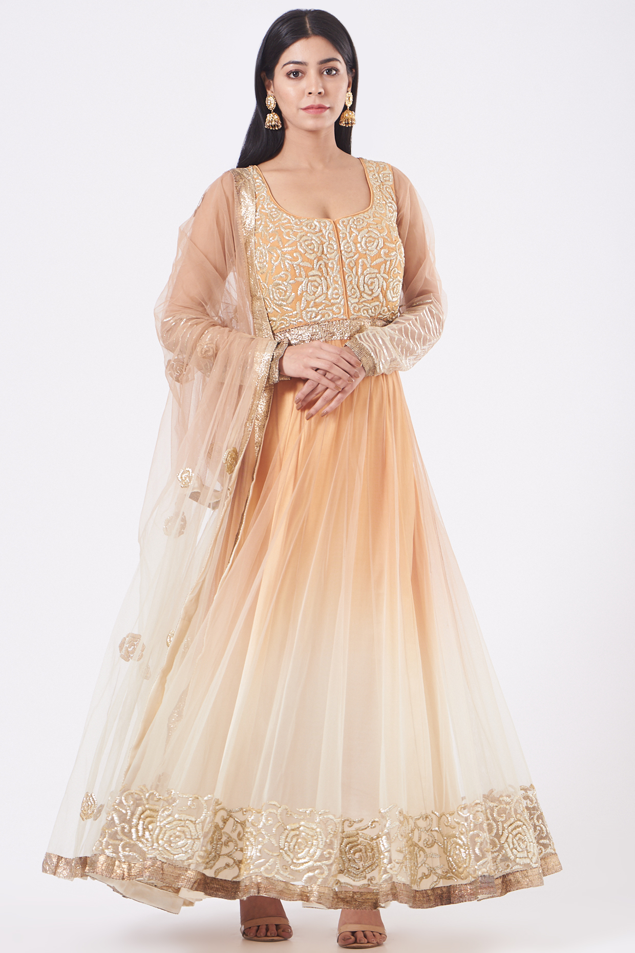 Peach Georgette Badla Embroidered Wedding Anarkali Set by NITIKA GUJRAL at Pernia's Pop Up Shop