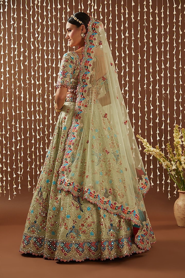 Lime Green Raw Silk Resham Embroidered Bridal Lehenga Set by NITIKA GUJRAL at Pernia's Pop Up Shop