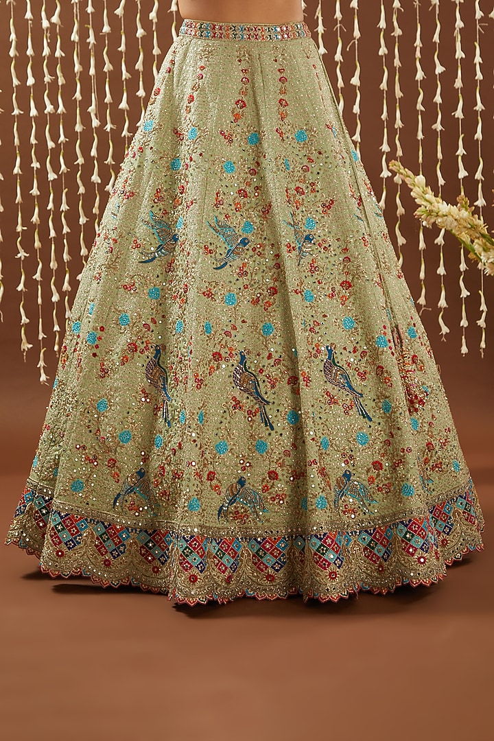 Lime Green Raw Silk Resham Embroidered Bridal Lehenga Set by NITIKA GUJRAL at Pernia's Pop Up Shop