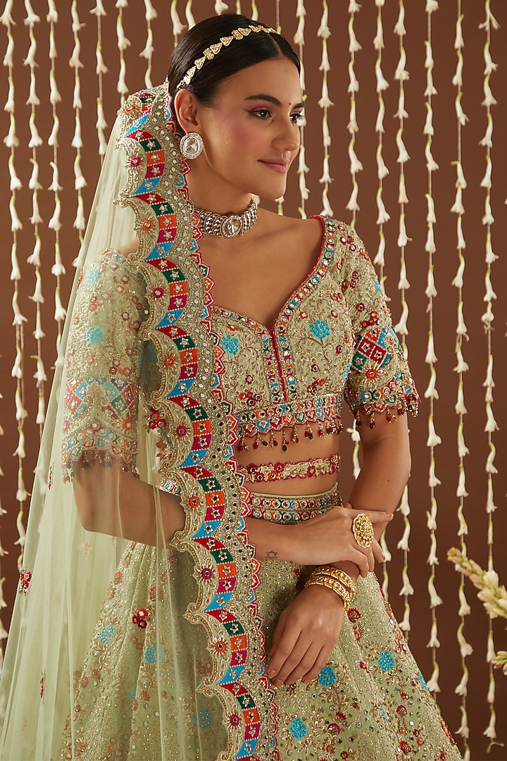 Lime Green Raw Silk Resham Embroidered Bridal Lehenga Set by NITIKA GUJRAL at Pernia's Pop Up Shop