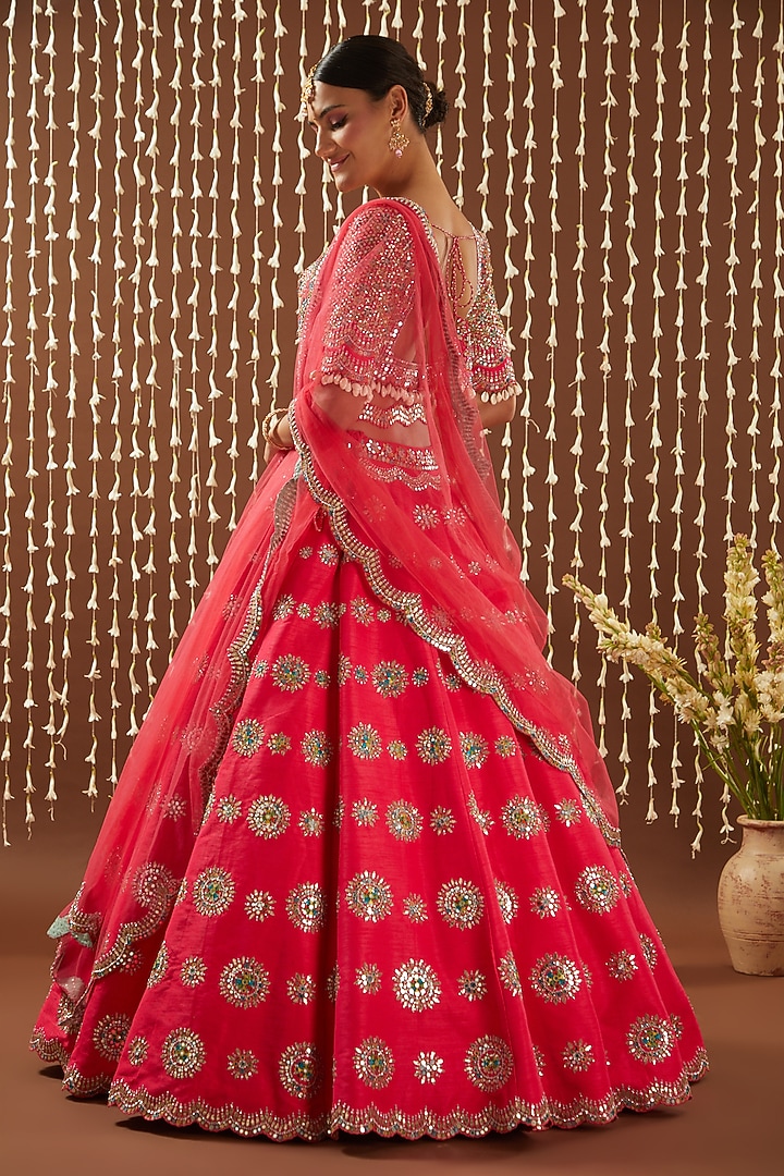 Coral Pink Raw Silk Resham & Patra Embroidered Bridal Lehenga Set by NITIKA GUJRAL at Pernia's Pop Up Shop