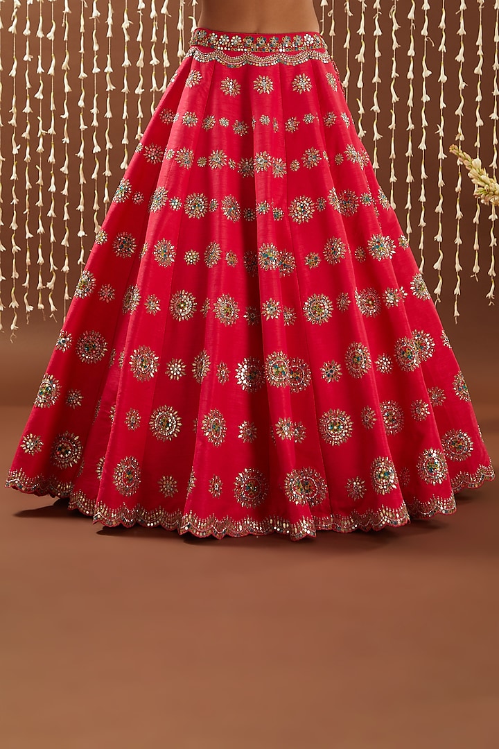 Coral Pink Raw Silk Resham & Patra Embroidered Bridal Lehenga Set by NITIKA GUJRAL at Pernia's Pop Up Shop