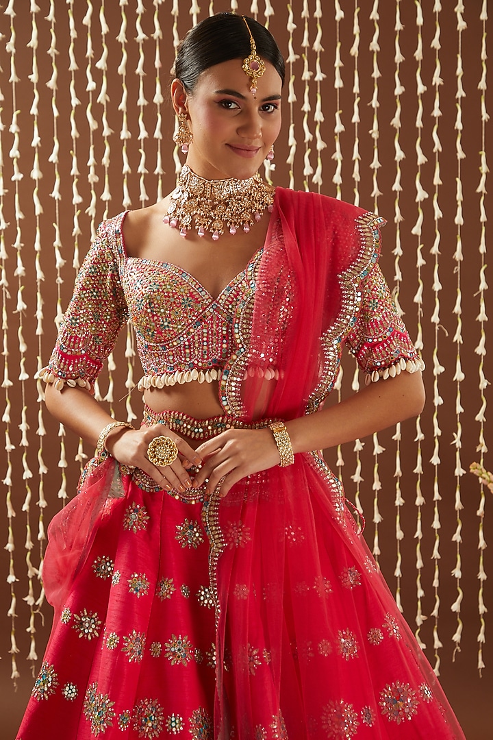 Coral Pink Raw Silk Resham & Patra Embroidered Bridal Lehenga Set by NITIKA GUJRAL at Pernia's Pop Up Shop