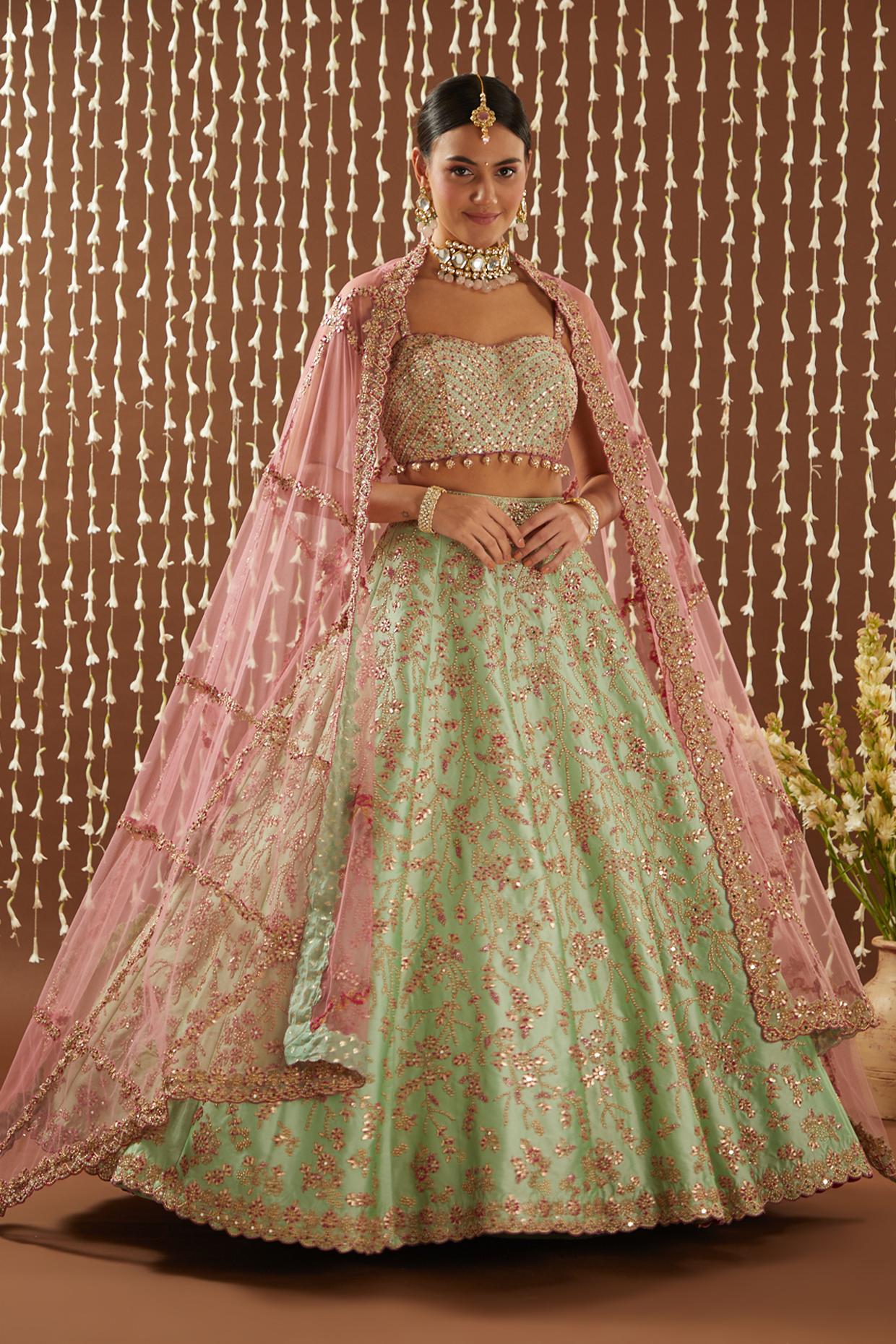 Mint Green Embroidered Lehenga Set by NITIKA GUJRAL