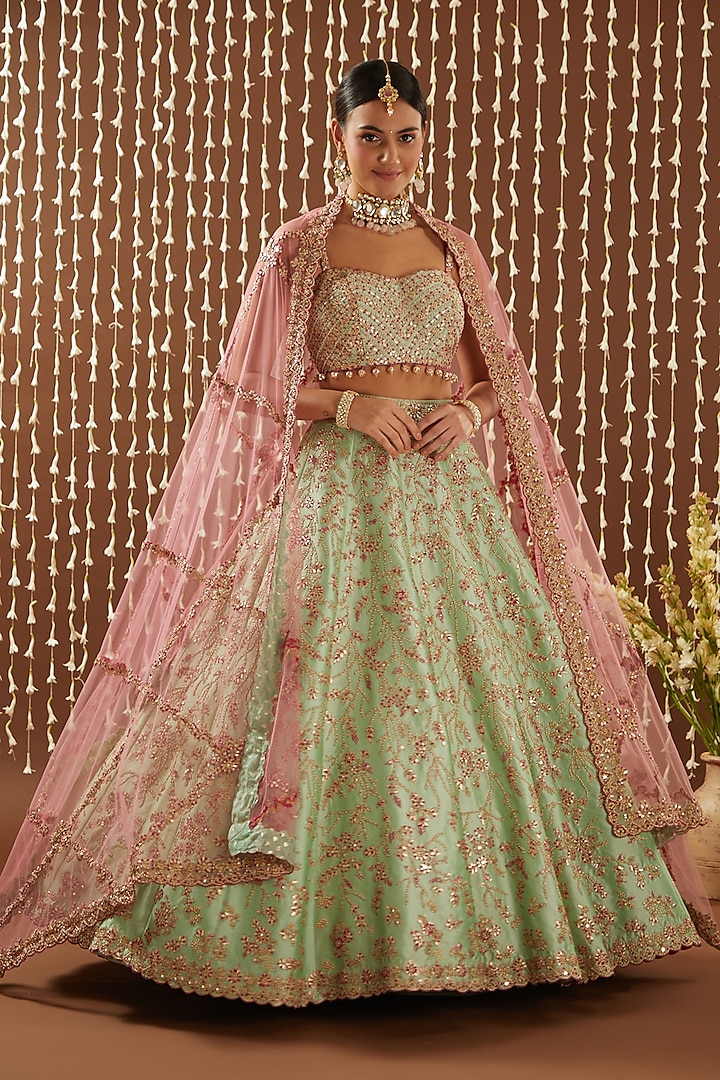 Mint Green Embroidered Lehenga Set by NITIKA GUJRAL