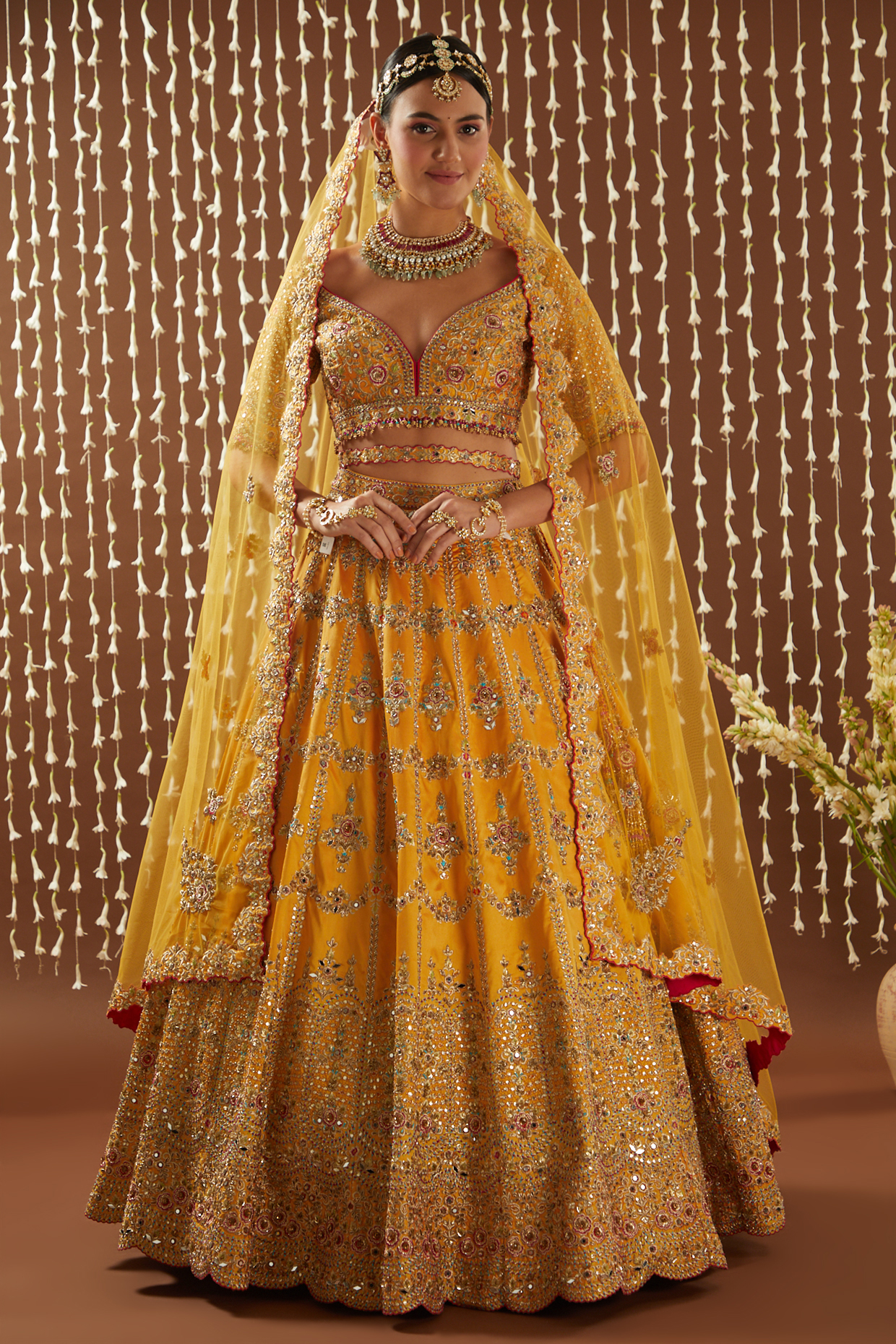 Mango Yellow Taffeta Resham Embroidered Bridal Lehenga Set by NITIKA GUJRAL at Pernia's Pop Up Shop