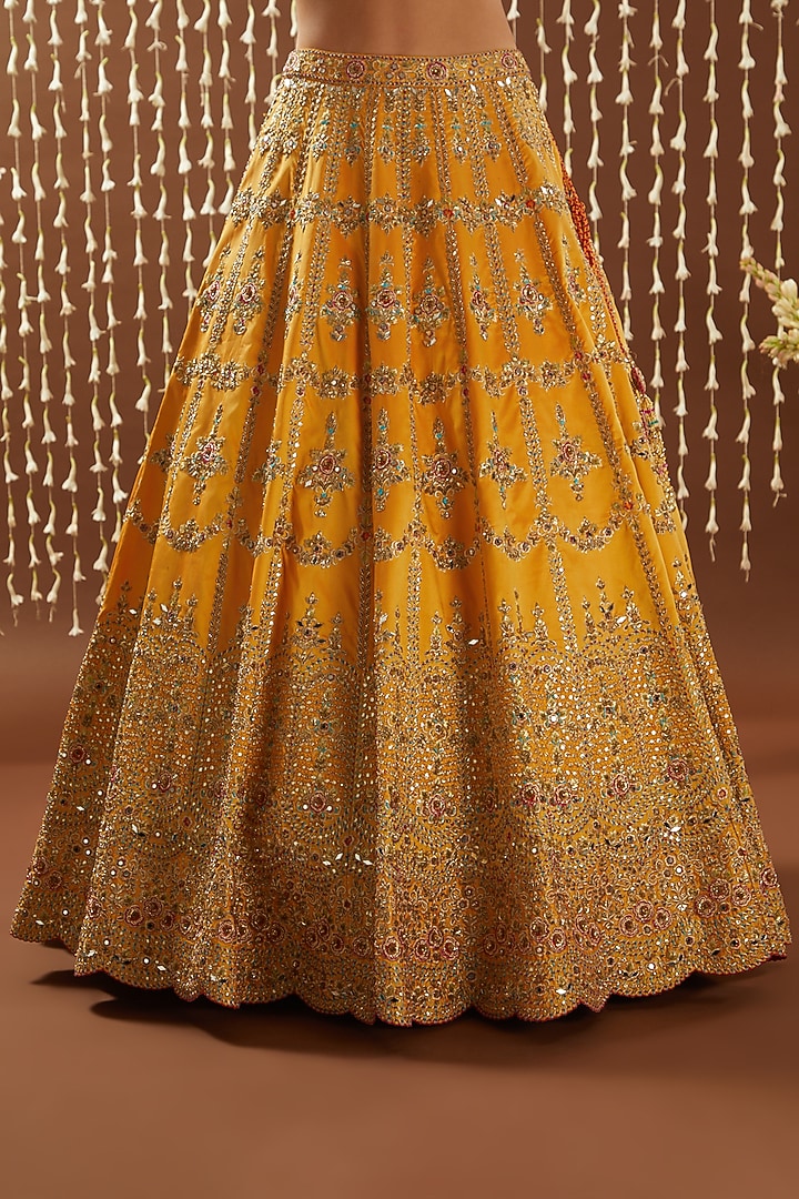 Mango Yellow Taffeta Resham Embroidered Bridal Lehenga Set by NITIKA GUJRAL at Pernia's Pop Up Shop