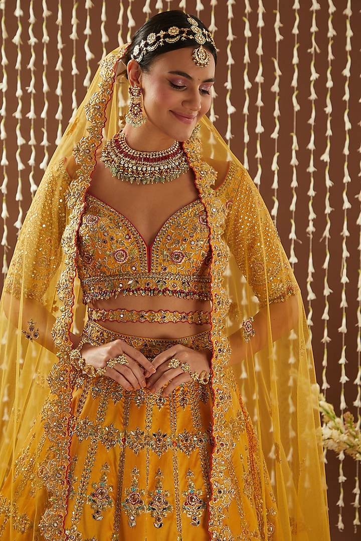 Mango Yellow Taffeta Resham Embroidered Bridal Lehenga Set by