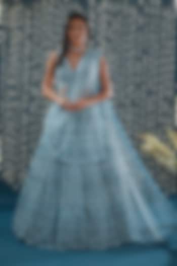 Powder Blue Tulle Sequins Embroidered Bridal Lehenga Set by NITIKA GUJRAL at Pernia's Pop Up Shop