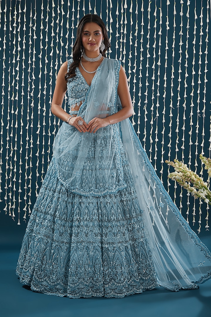 Powder Blue Tulle Sequins Embroidered Bridal Lehenga Set by NITIKA GUJRAL at Pernia's Pop Up Shop