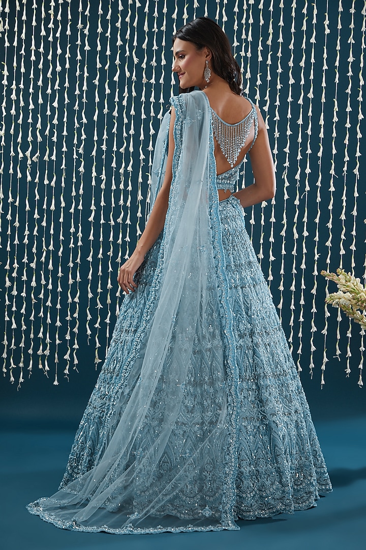 Powder Blue Tulle Sequins Embroidered Bridal Lehenga Set by NITIKA GUJRAL at Pernia's Pop Up Shop