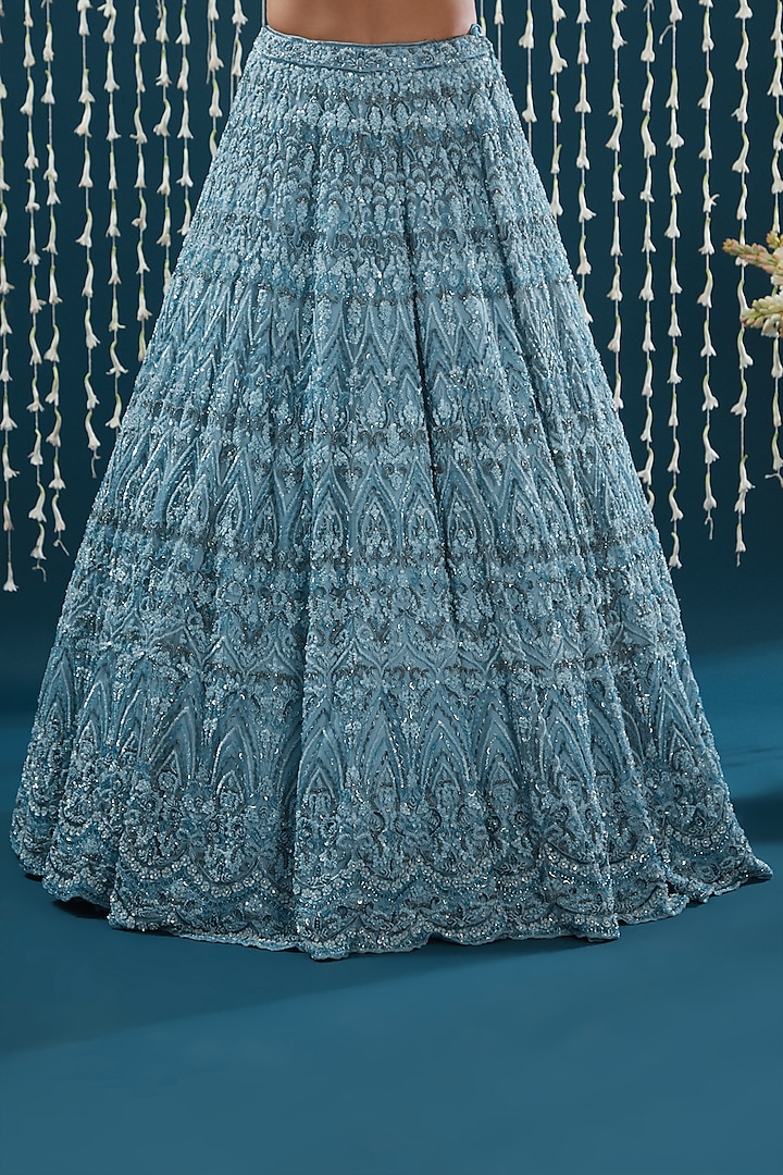 Powder Blue Tulle Sequins Embroidered Bridal Lehenga Set by NITIKA GUJRAL at Pernia's Pop Up Shop