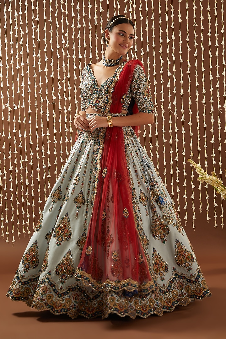 Powder Blue Taffeta Applique Embroidered Bridal Lehenga Set by NITIKA GUJRAL at Pernia's Pop Up Shop