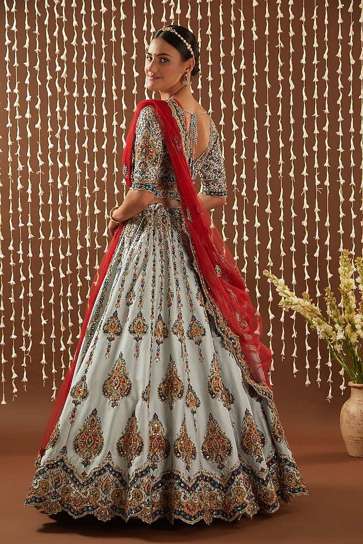Powder Blue Taffeta Applique Embroidered Bridal Lehenga Set by NITIKA GUJRAL at Pernia's Pop Up Shop