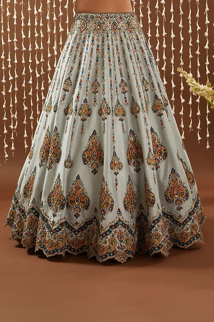 Powder Blue Taffeta Applique Embroidered Bridal Lehenga Set by NITIKA GUJRAL at Pernia's Pop Up Shop