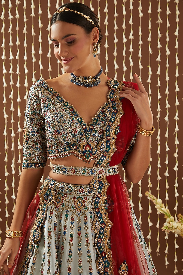 Powder Blue Taffeta Applique Embroidered Bridal Lehenga Set by NITIKA GUJRAL at Pernia's Pop Up Shop