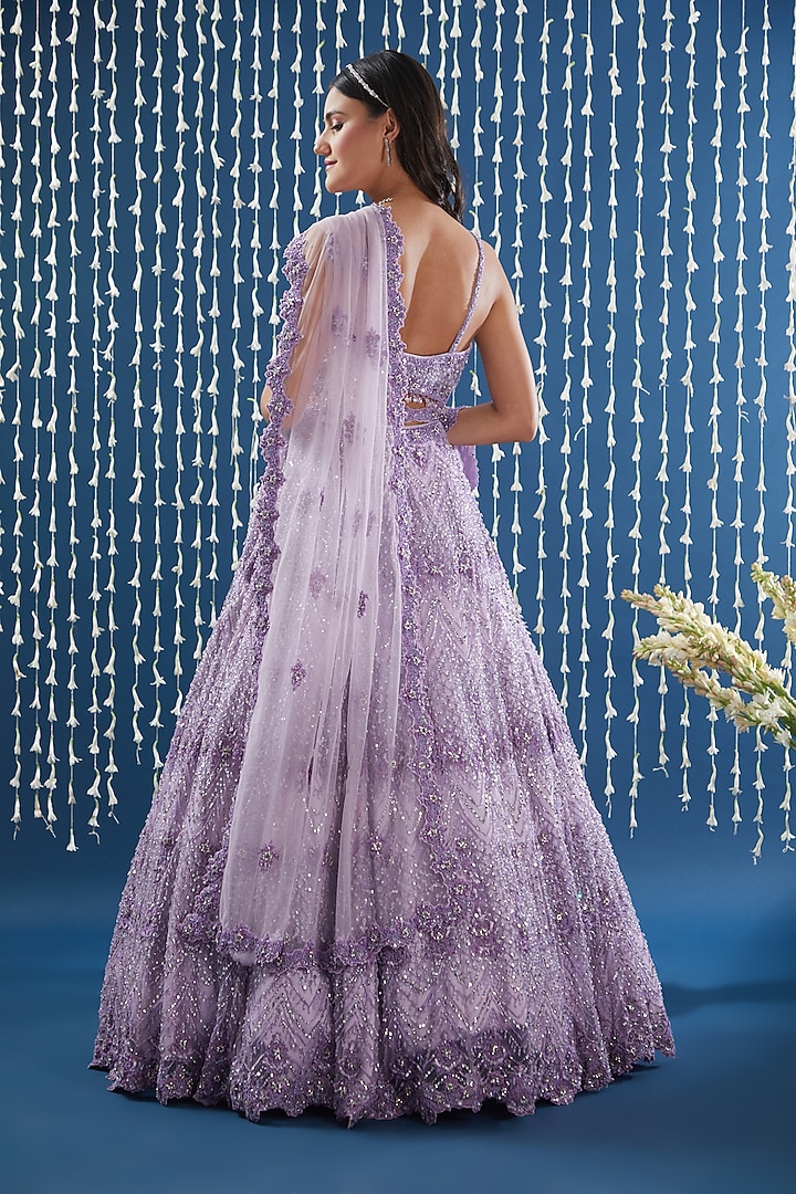 Lavender Tulle Beads Embroidered Bridal Lehenga Set by NITIKA GUJRAL at Pernia's Pop Up Shop