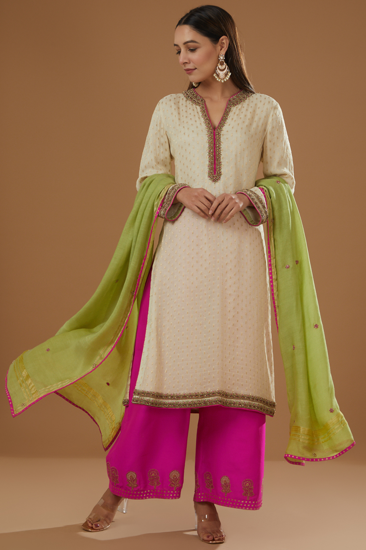 Cream Chanderi Embroidered Kurta Set by NITIKA GUJRAL at Pernia's Pop Up Shop