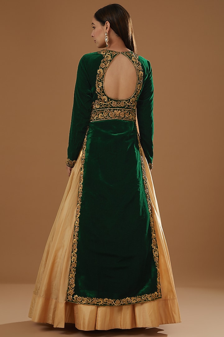 Gold & Green Velvet Embroidered Jacket Wedding Lehenga Set by NITIKA GUJRAL at Pernia's Pop Up Shop