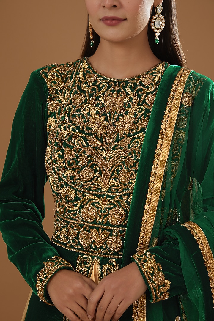 Gold & Green Velvet Embroidered Jacket Wedding Lehenga Set by NITIKA GUJRAL at Pernia's Pop Up Shop
