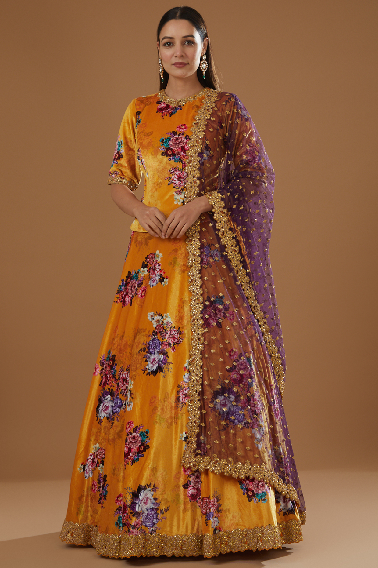 Mustard Velvet Floral Printed Wedding Lehenga Set by NITIKA GUJRAL at Pernia's Pop Up Shop